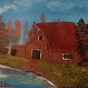 Original hand painted barn next to the pond